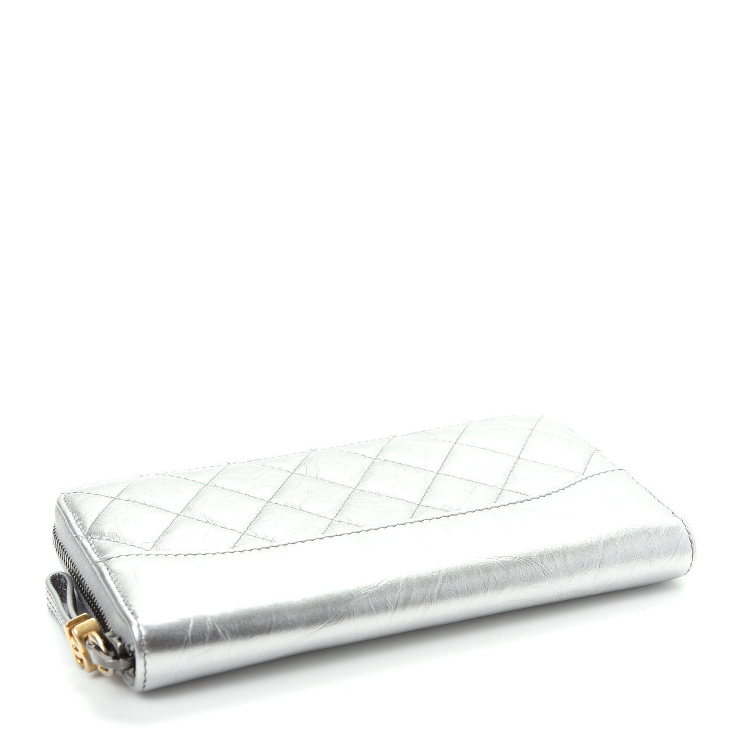 Metallic Aged Calfskin Quilted Large Gabrielle Zip Around Wallet Silver