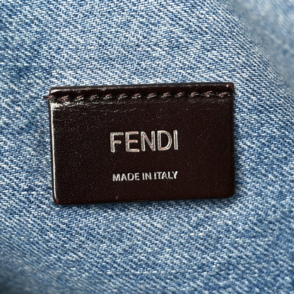 Fendi Denim Lavato Vitello King Logo Embroidered Frayed Tote Denim Chiaro Cuoio 6 of 10