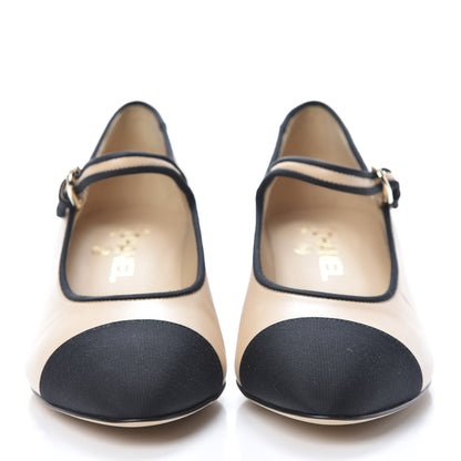 Chanel Lambskin Grosgrain Cap Toe Pumps 38.5 Beige Black 2 of 10