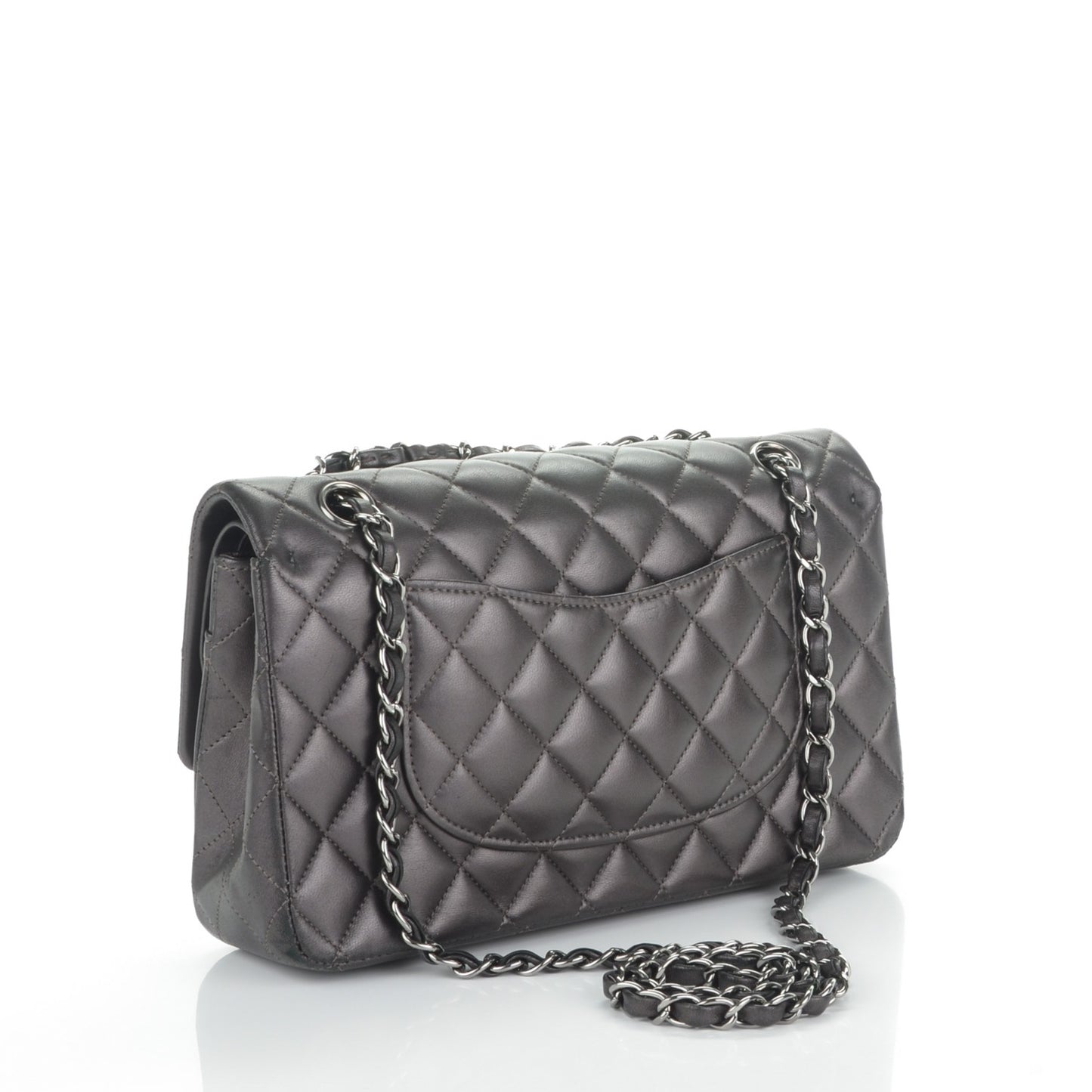 Metallic Lambskin Medium Double Flap Dark Grey