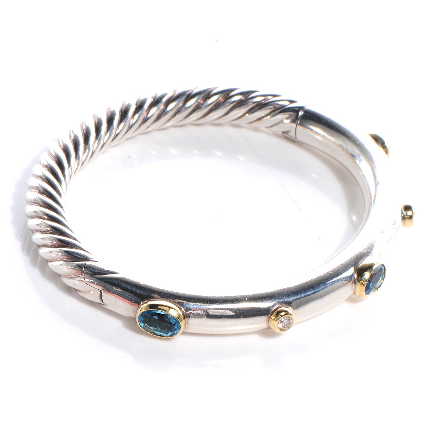 Sterling Silver 18K Yellow Gold Blue Topaz Diamond 7mm Renaissance Bangle Bracelet