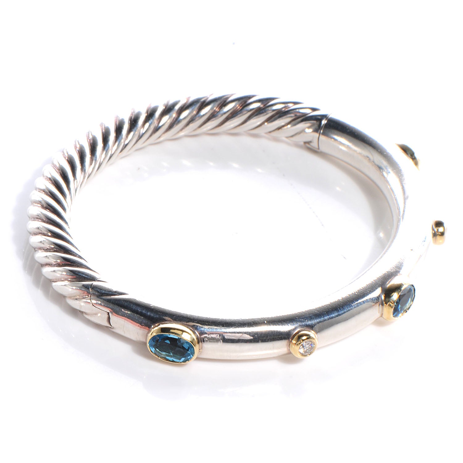David Yurman Sterling Silver 18K Yellow Gold Blue Topaz Diamond 7mm Renaissance Bangle Bracelet 3 of 7