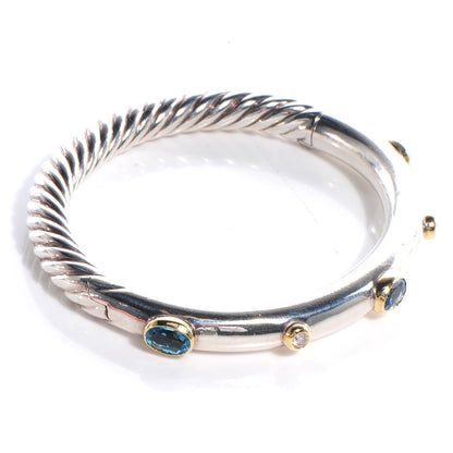 David Yurman Sterling Silver 18K Yellow Gold Blue Topaz Diamond 7mm Renaissance Bangle Bracelet 3 of 7
