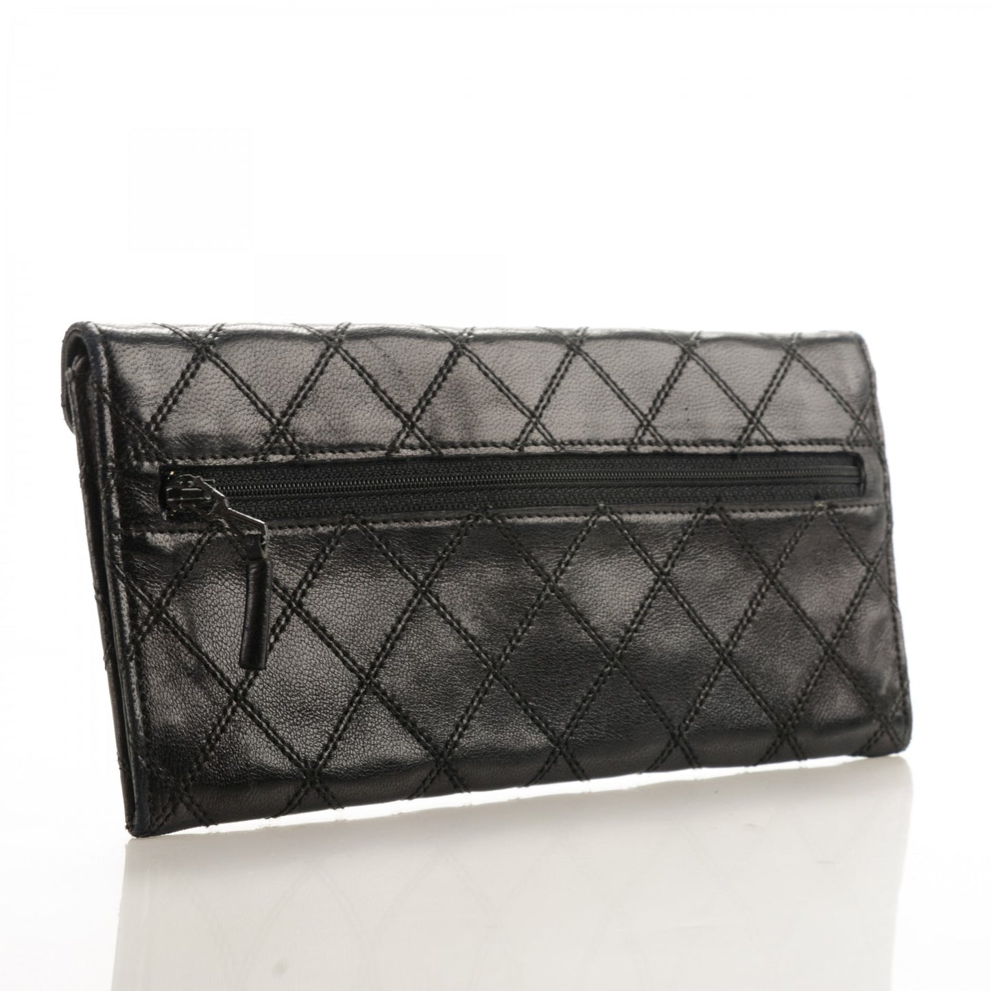 Lambskin Diamond Stitched Long Flap Wallet Black