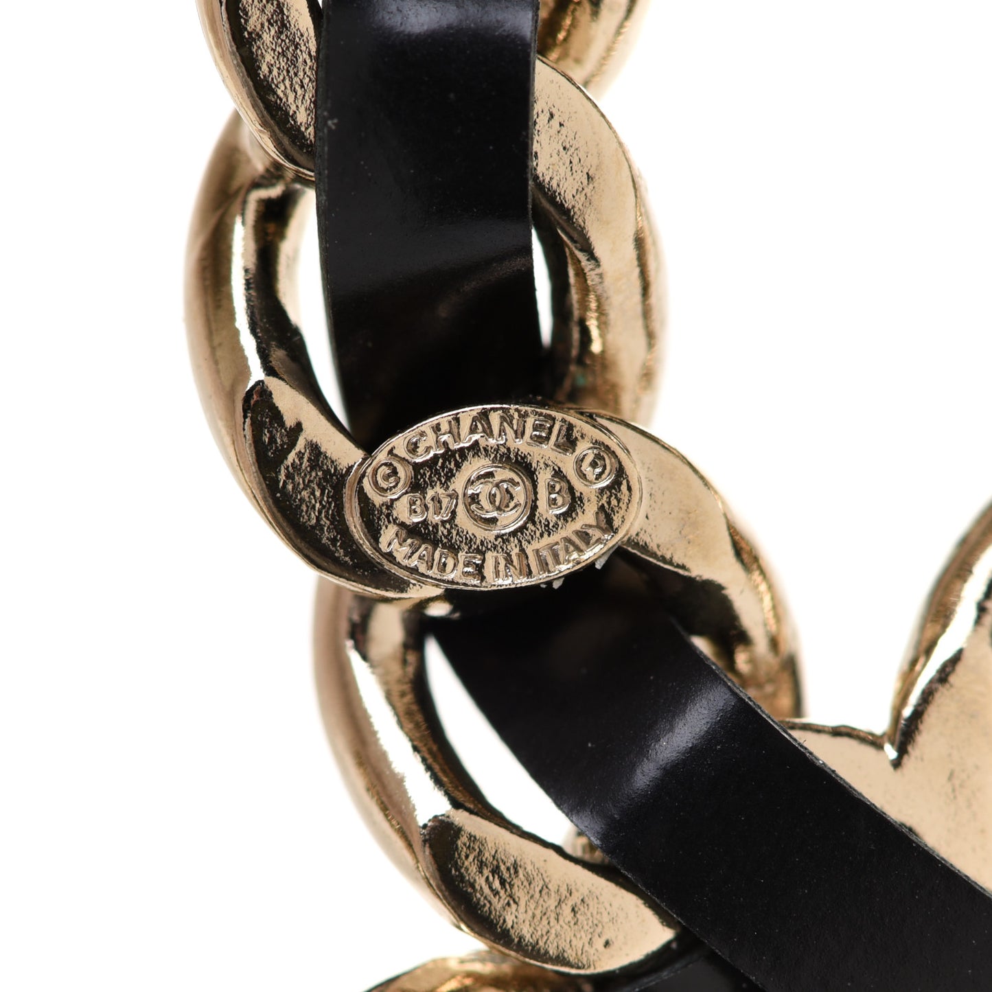 Lambskin Crystal Chain CC Charms Brooch Black Gold