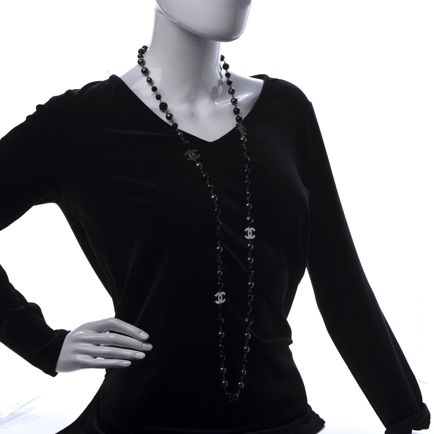Chanel Pearl Beaded CC Long Necklace Silver Black 2 of 6