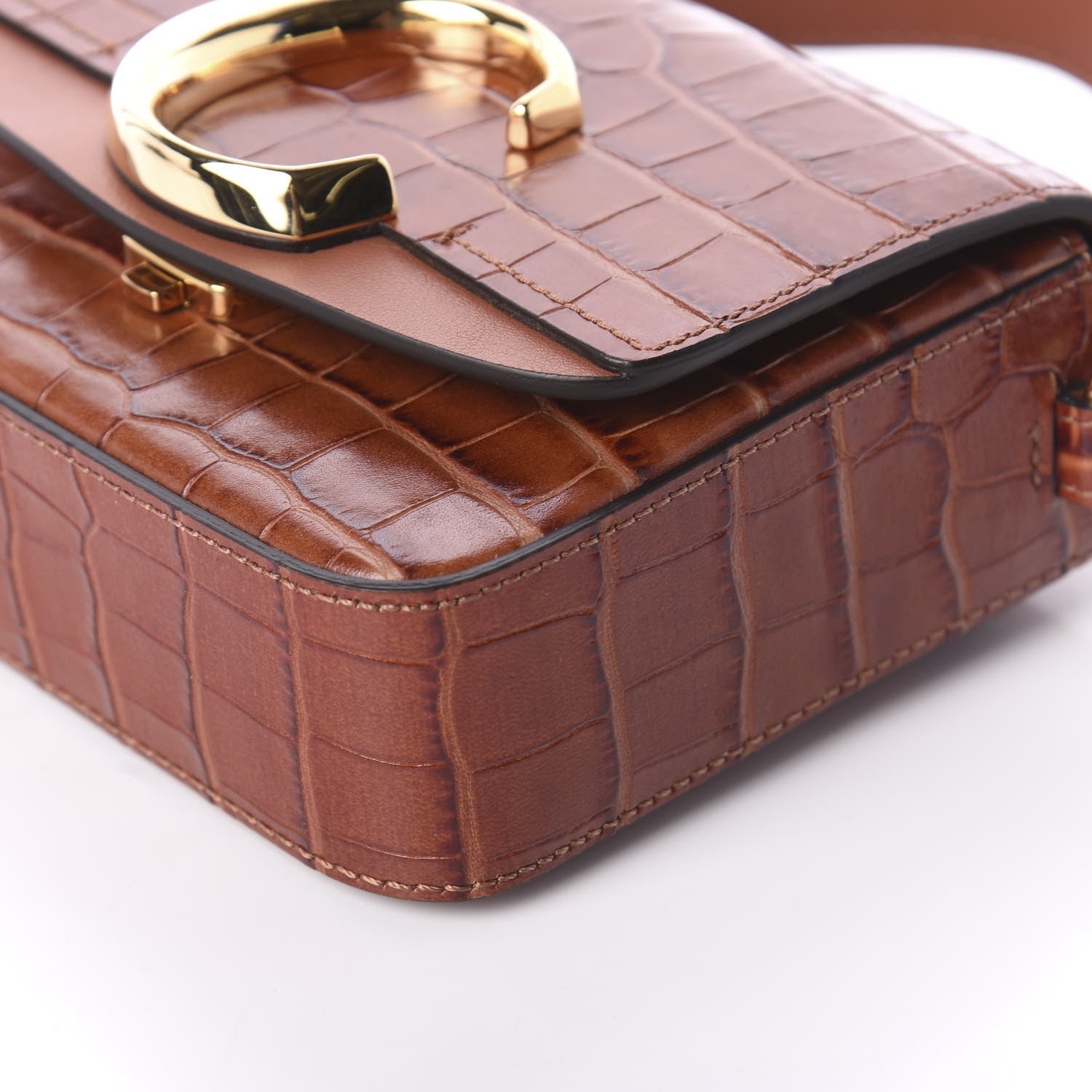 Chloe Calfskin Crocodile Embossed Mini C Double Carry Chestnut Brown 8 of 8