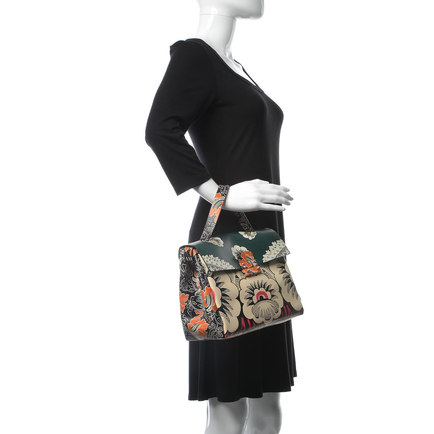 Calfskin Floral Print Mime Single Handle Bag Green