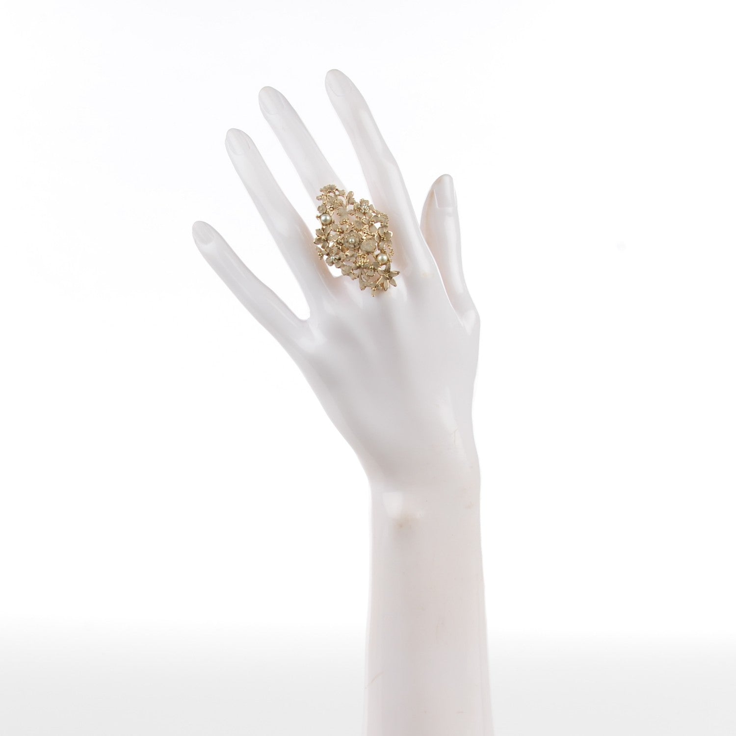 Chanel Pearl Crystal CC Camellia Ring 5.5 Gold 2 of 4