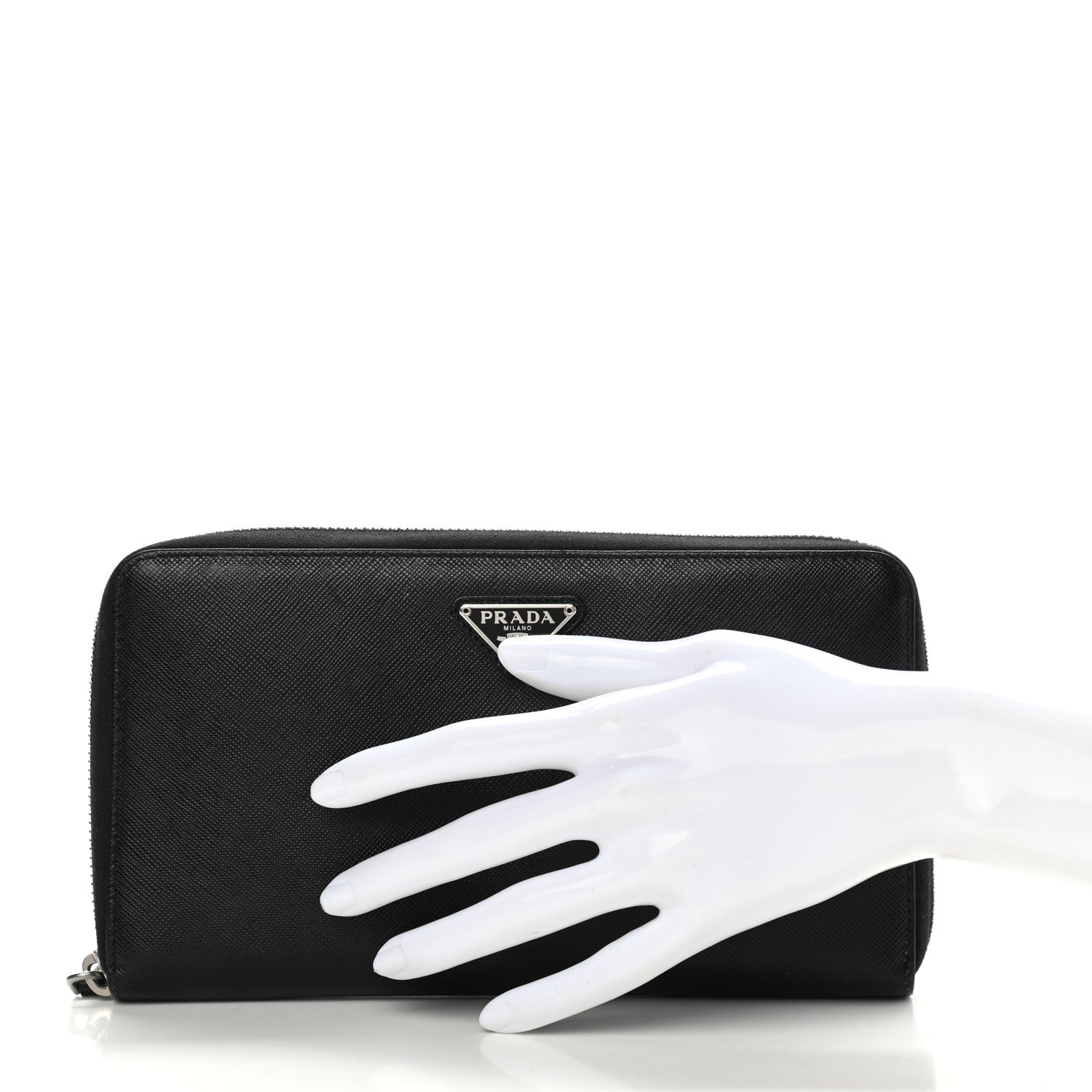 Prada Saffiano Triangle Zip Around Wallet Black 2 of 9