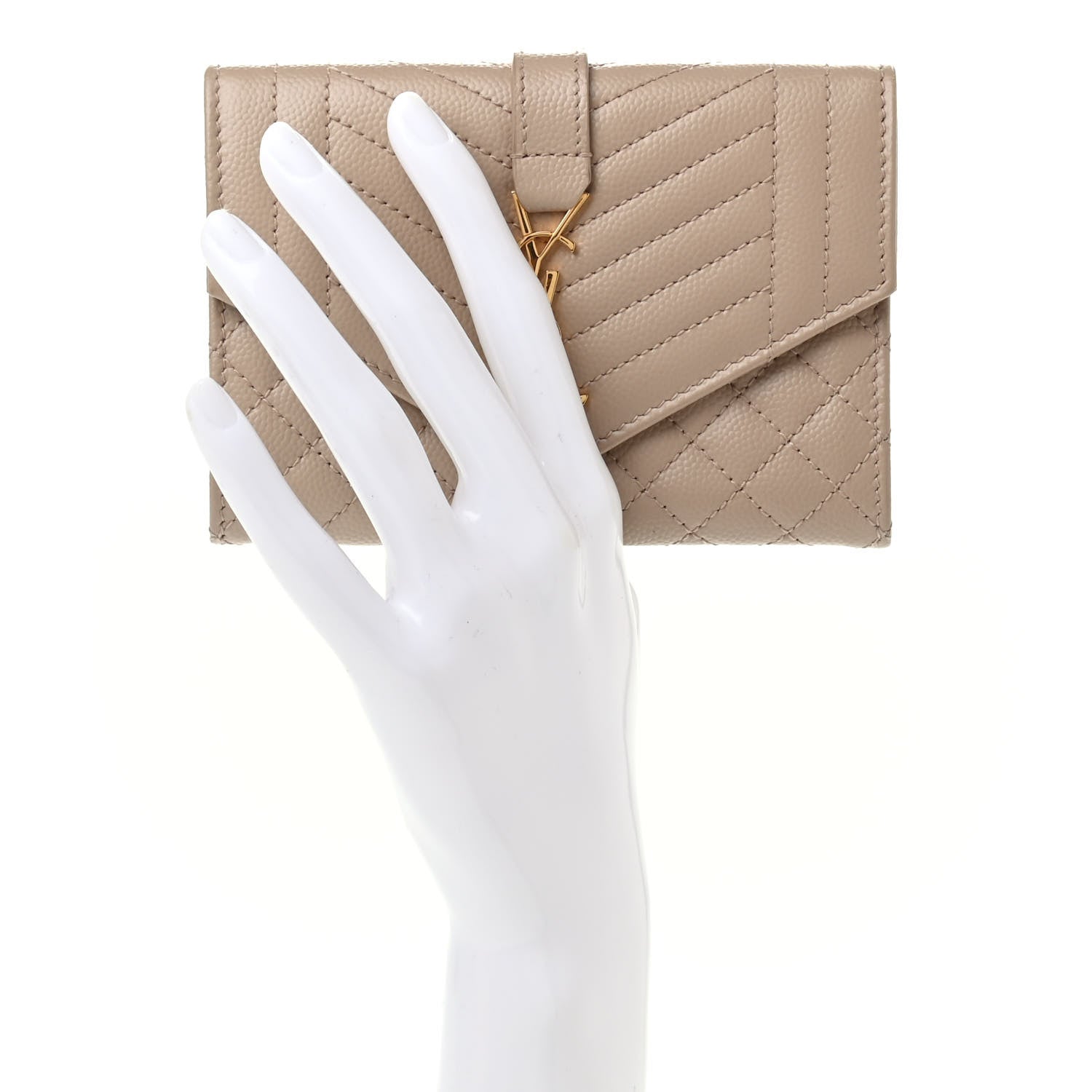 Saint Laurent Grain De Poudre Textured Mixed Matelasse Triquilt Small Monogram Envelope Wallet Dark Beige 2 of 7