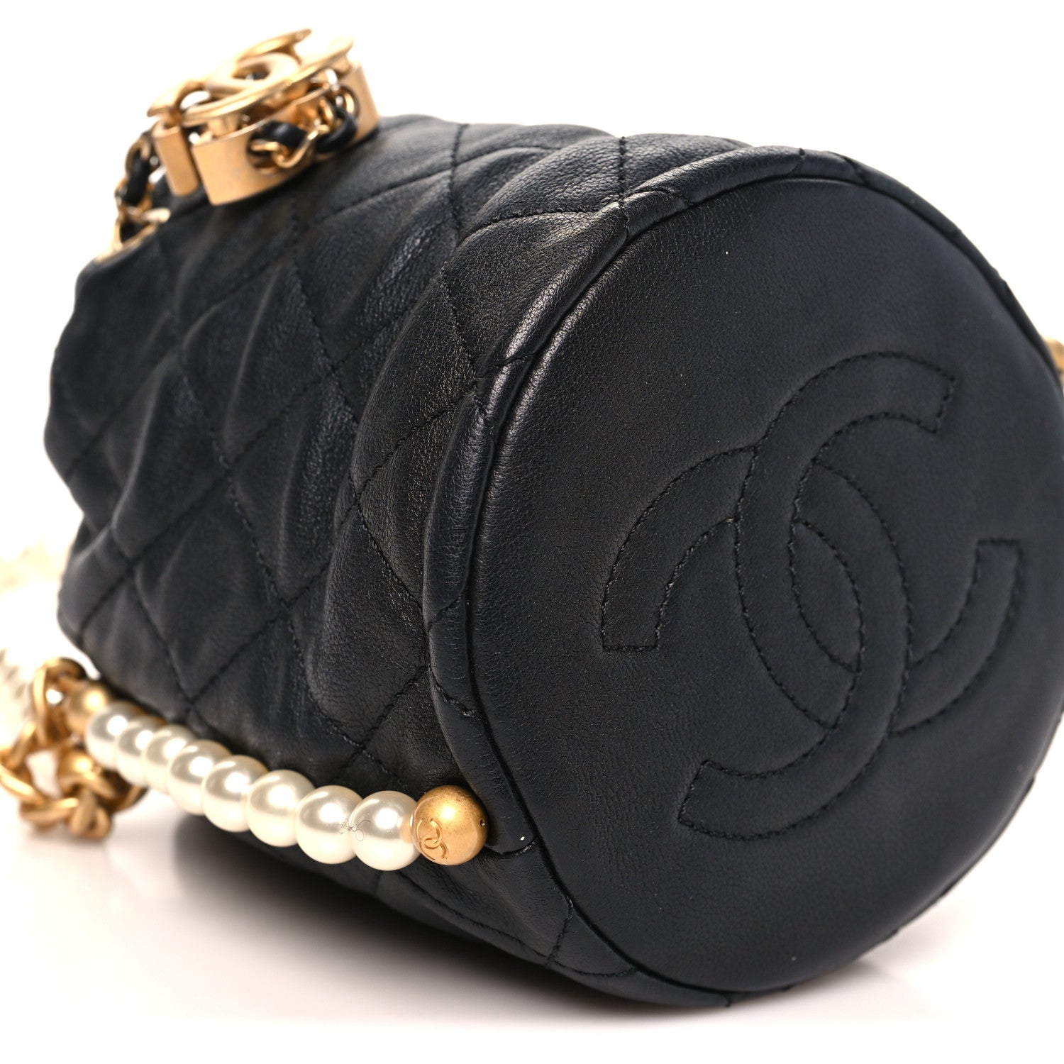 Chanel Calfskin Quilted Pearl Mini About Pearls Drawstring Bucket Bag Black 9 of 10