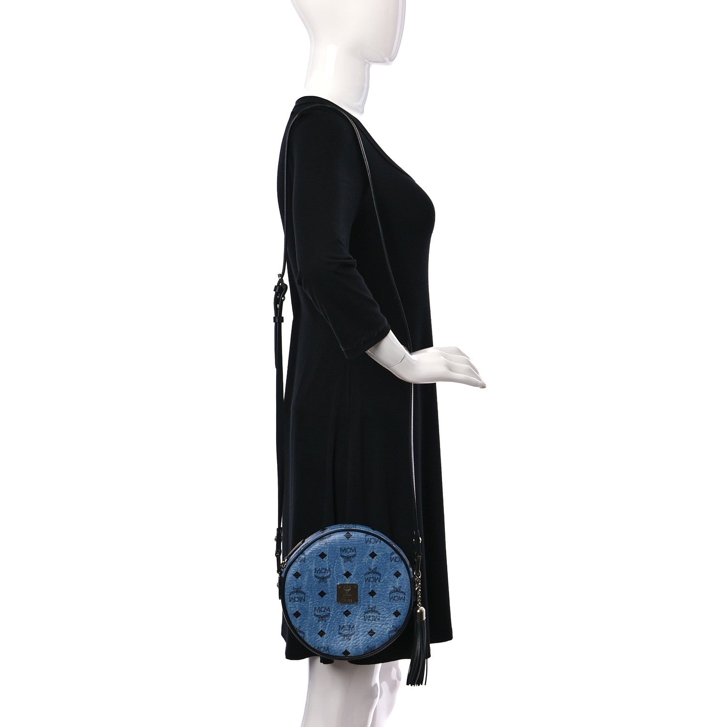 MCM Visetos Calfskin Round Crossbody Bag Denim Blue 2 of 9