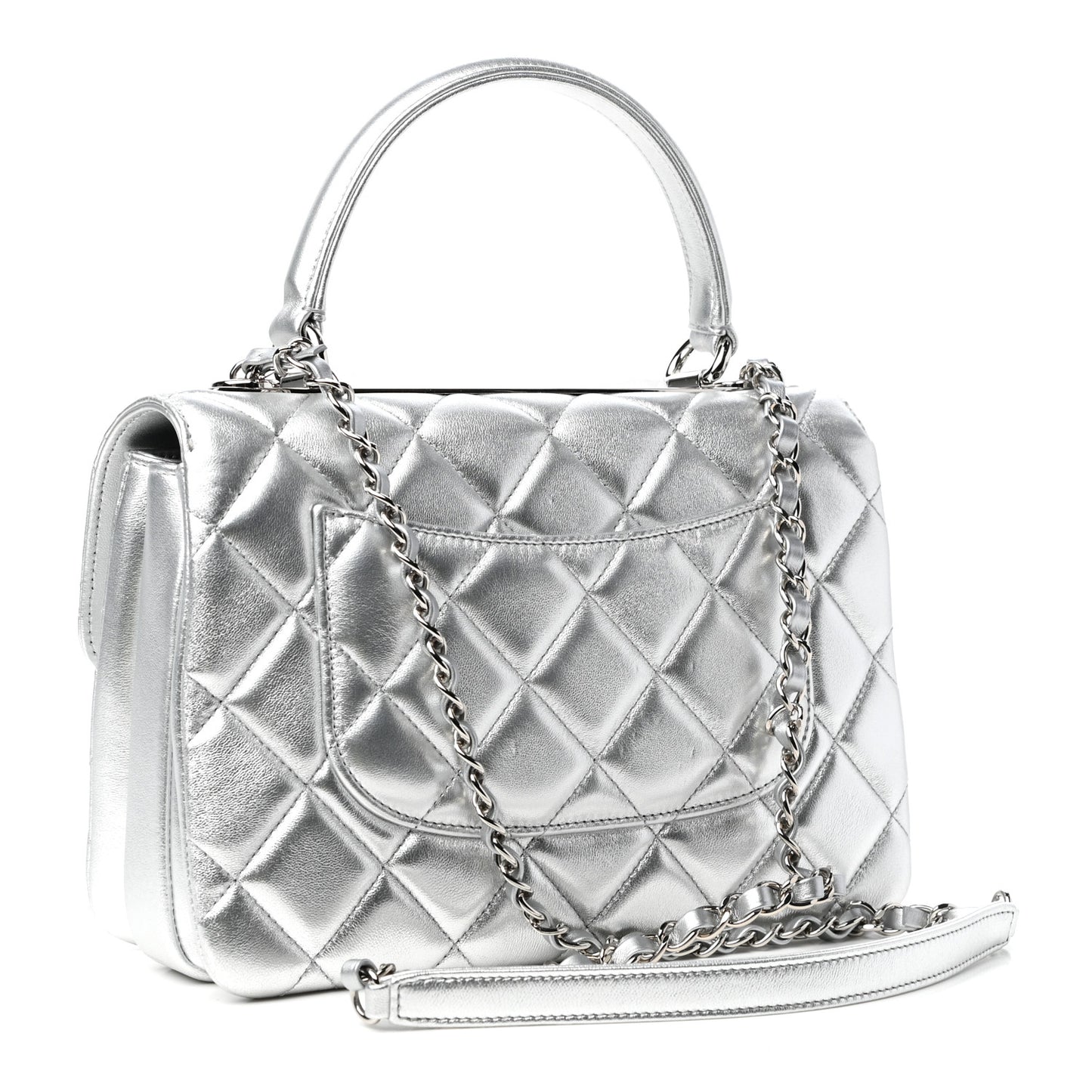 Metallic Lambskin Quilted Small Trendy CC Flap Dual Handle Bag Silver