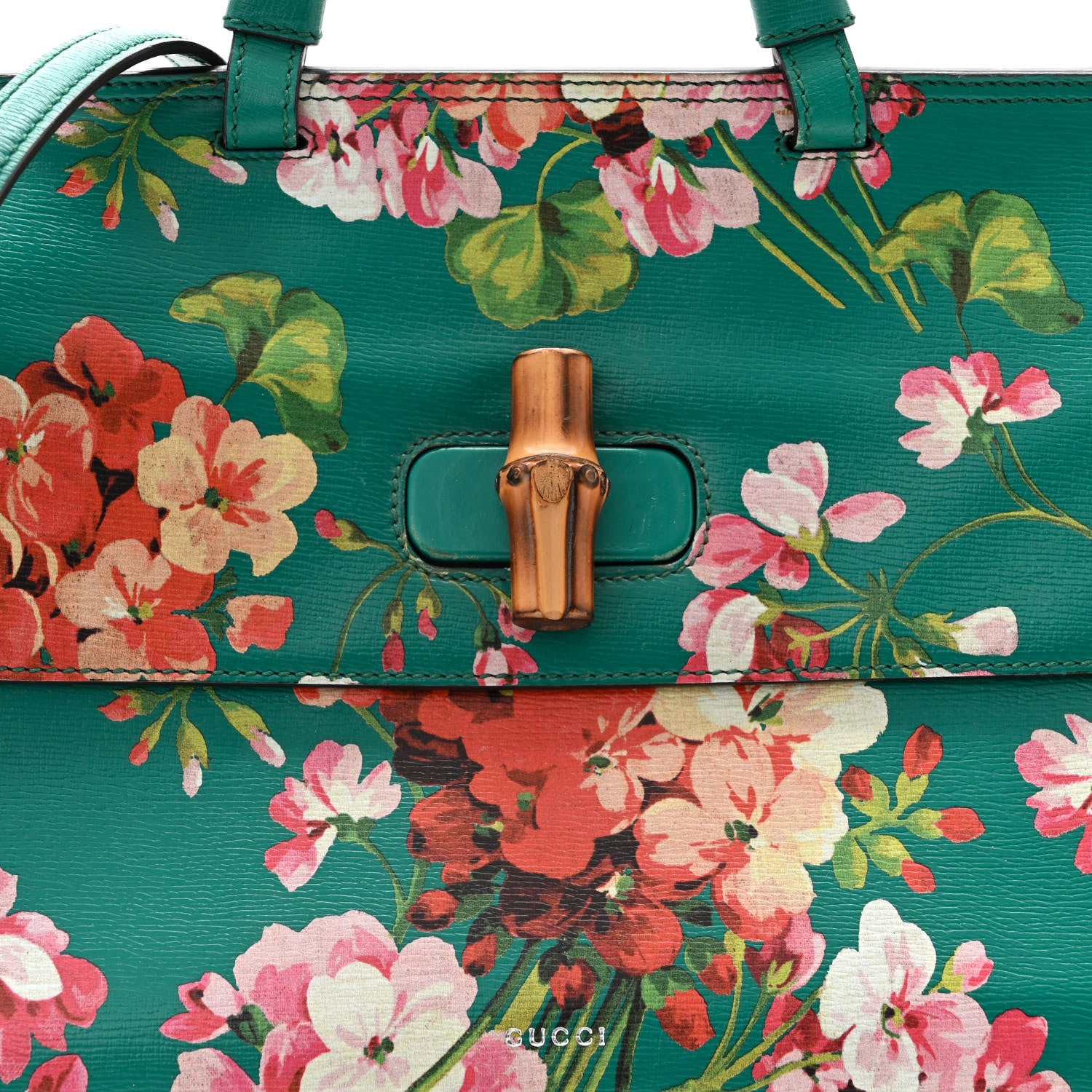 Gucci Shangai Calfskin Blooms Print Medium Bamboo Daily Top Handle Bag Clear Bright Emerald Multicolor 7 of 10