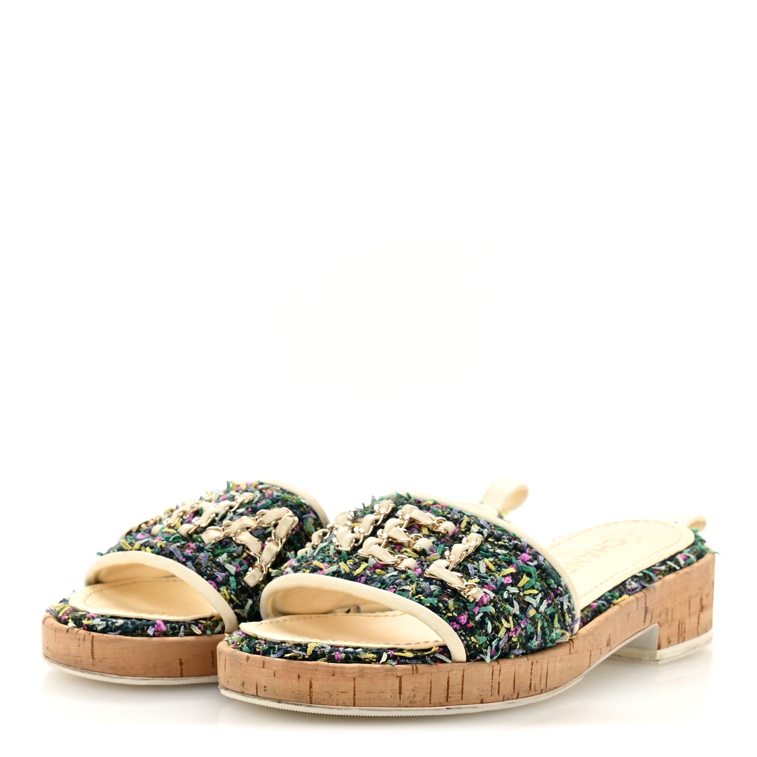 Chanel Tweed Cork CC Chain Mule Sandal 36.5 Green Multicolor 4 of 10