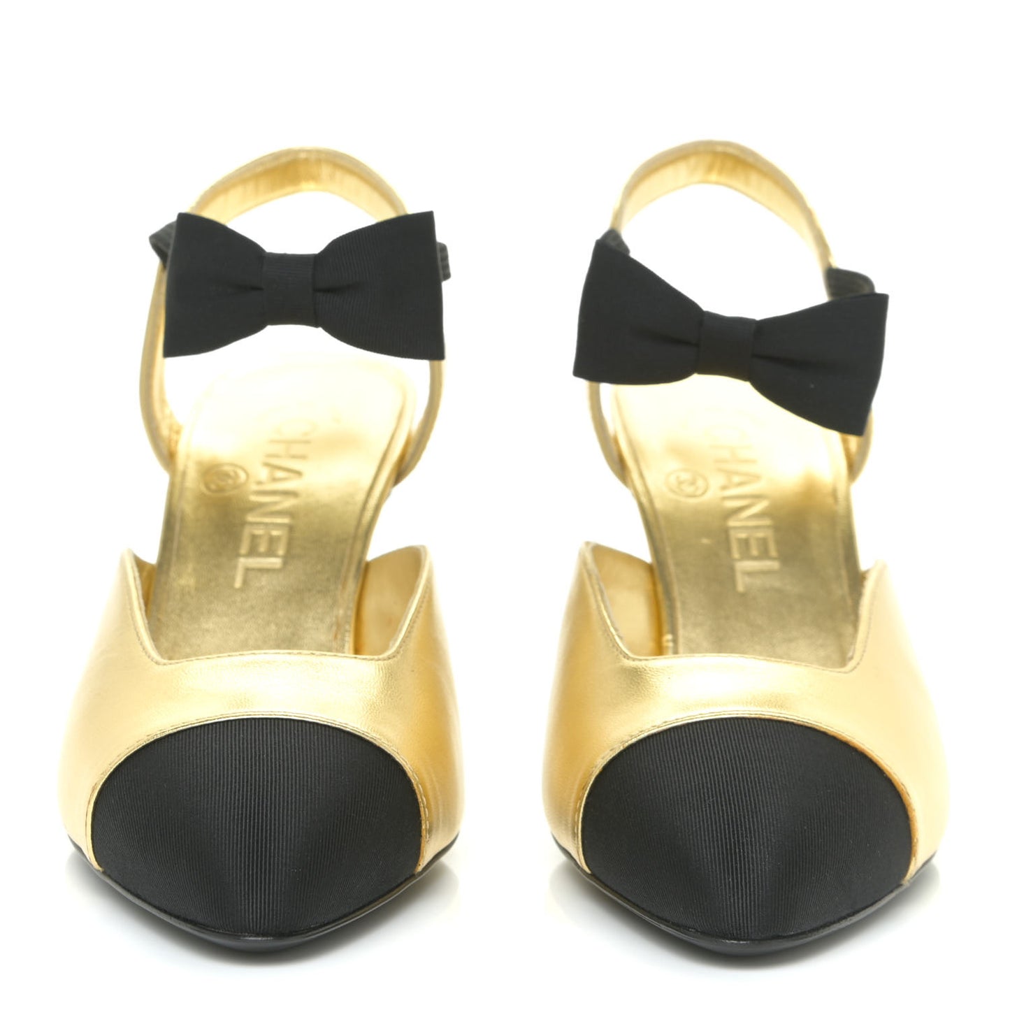 Laminated Lambskin Grosgrain Cap Toe CC Pumps 36 Gold Black