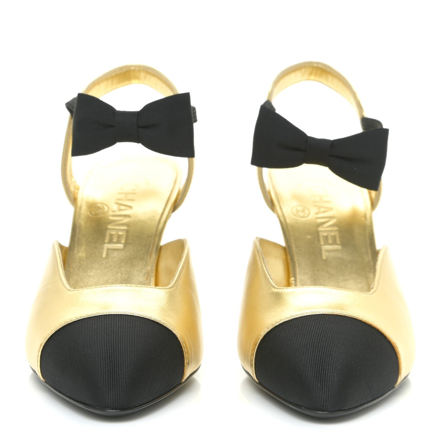 Chanel Laminated Lambskin Grosgrain Cap Toe CC Pumps 36 Gold Black 2 of 14
