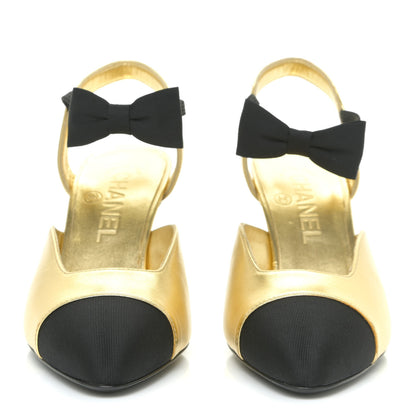 Chanel Laminated Lambskin Grosgrain Cap Toe CC Pumps 36 Gold Black 2 of 14