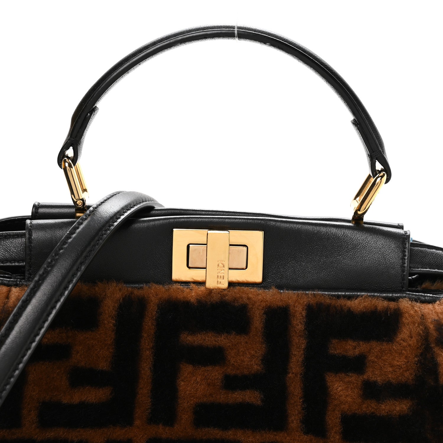 Fendi Shearling Nappa Macro FF 1974 Mini Peekaboo Iconic Satchel Tobacco Black 8 of 12