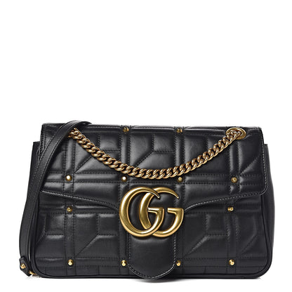 Gucci Calfskin Matelasse Studded Medium GG Marmont Shoulder Bag Black 1 of 12