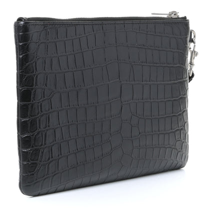 Saint Laurent Calfskin Crocodile Embossed Monogram Zip Pouch Black 3 of 9