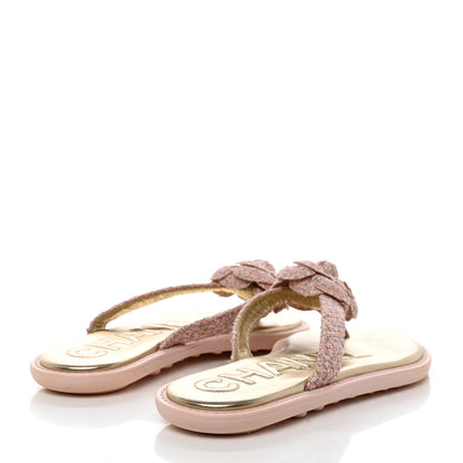 Chanel Tweed Camellia Thong Sandals 37.5 Salmon Apricot Gold 4 of 9