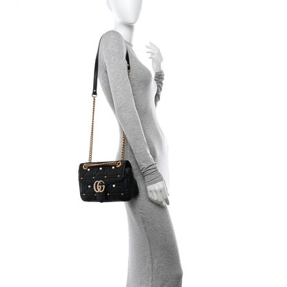 Gucci Calfskin Matelasse Studded Small Pearly GG Marmont Shoulder Bag Black 2 of 11