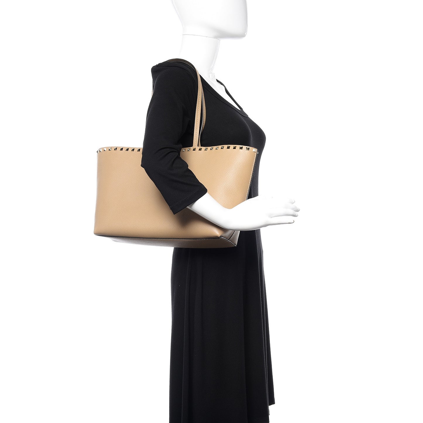 Grained Calfskin Small Rockstud Shoulder Tote Beige