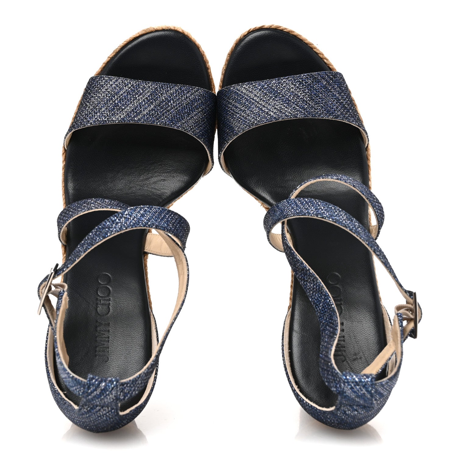Jimmy Choo Metallic Denim Cork Portia 120 Wedge Sandals 40 Navy 2 of 9
