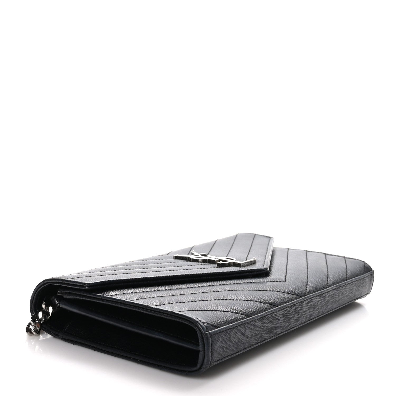 Saint Laurent Grain De Poudre Matelasse Chevron Monogram Chain Wallet Black 4 of 10