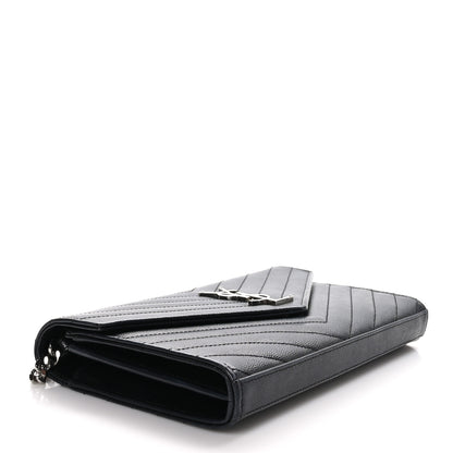 Saint Laurent Grain De Poudre Matelasse Chevron Monogram Chain Wallet Black 4 of 10