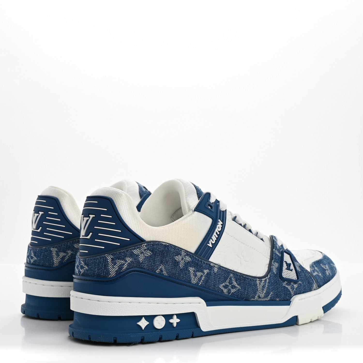 Louis Vuitton Calfskin Embossed Monogram Denim Mens LV Trainer Sneakers 11 Blue 5 of 9
