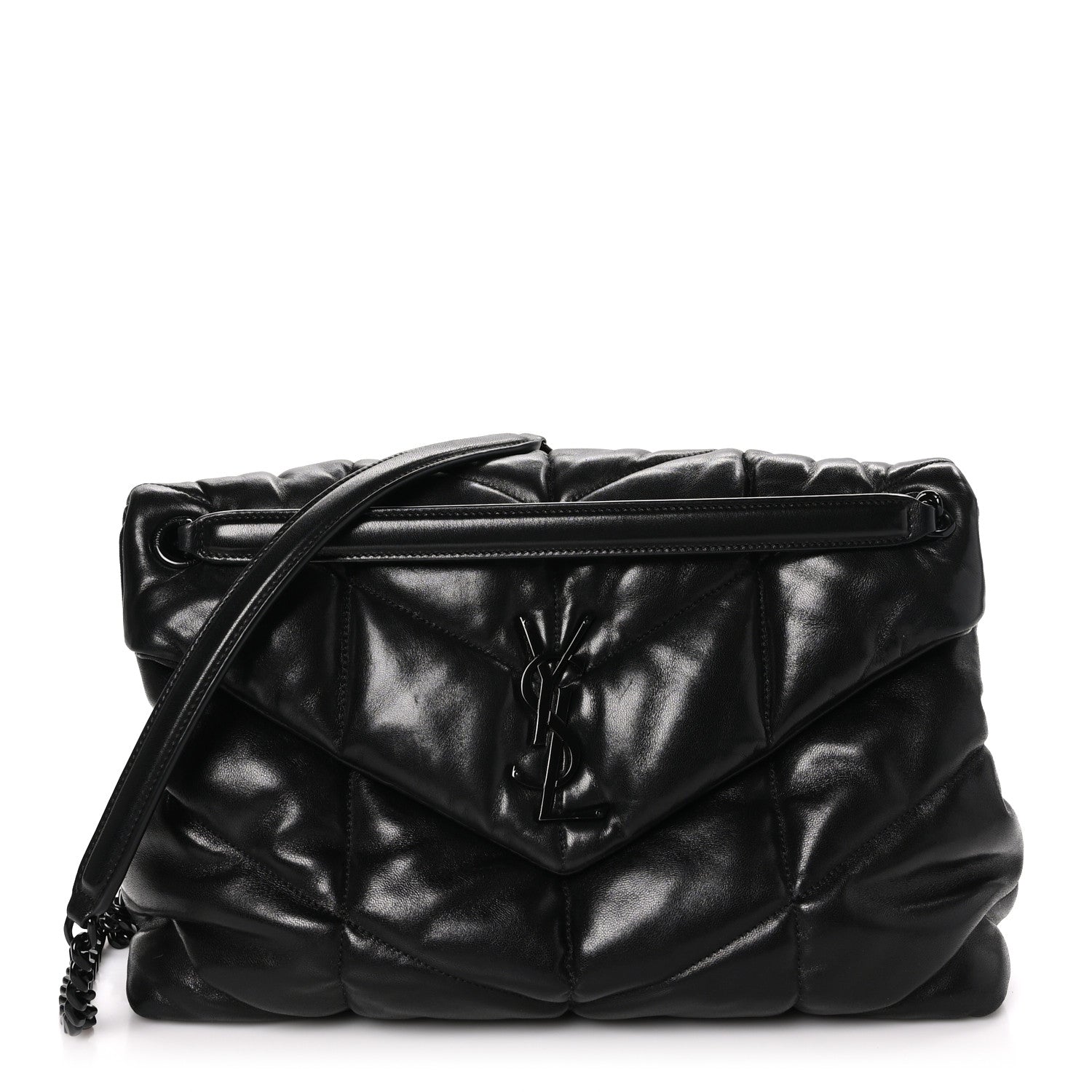 Saint Laurent SAINT LAURENT Lambskin Quilted Monogram Monochrome Medium Loulou Puffer Chain Satchel Black 1 of 11
