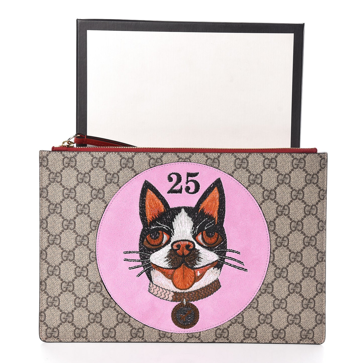 GG Supreme Monogram Bosco Patch Zip Pouch Beige Malva Hibiscus Red