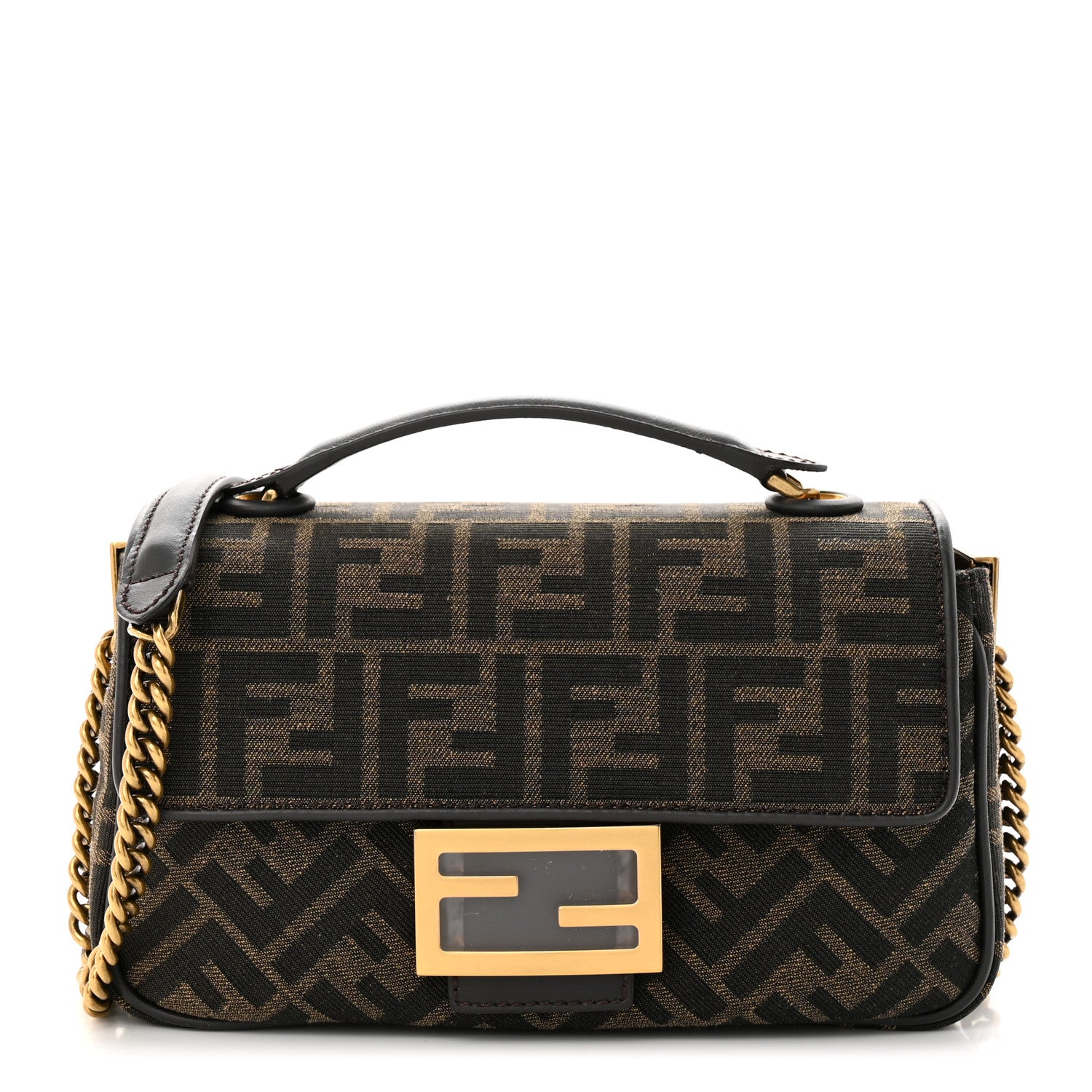 Fendi Fabric Jacquard FF 1974 Midi Chain Baguette Tobacco Moro 1 of 10