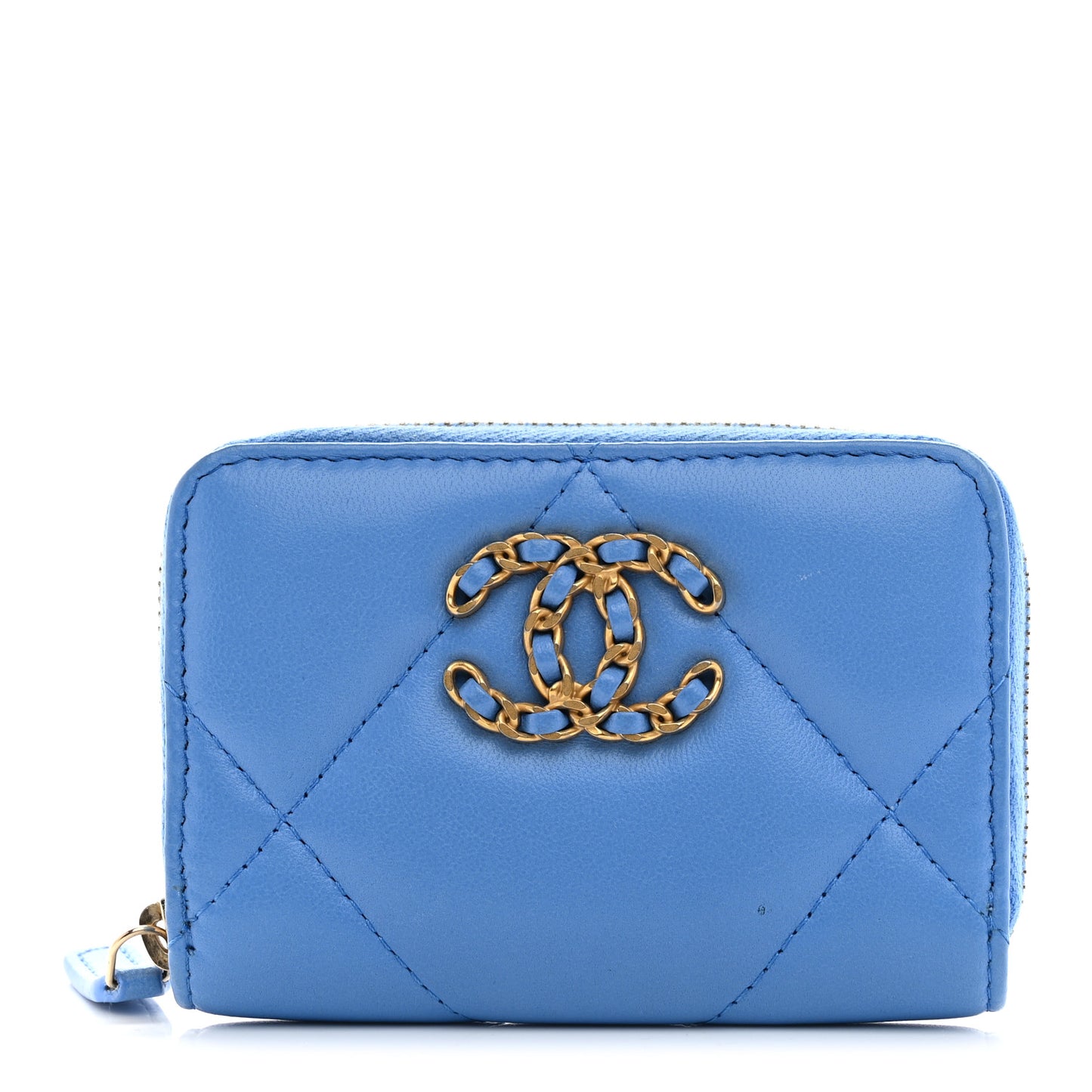 Lambskin Quilted Chanel 19 Zip Around Coin Purse Wallet Dark Blue