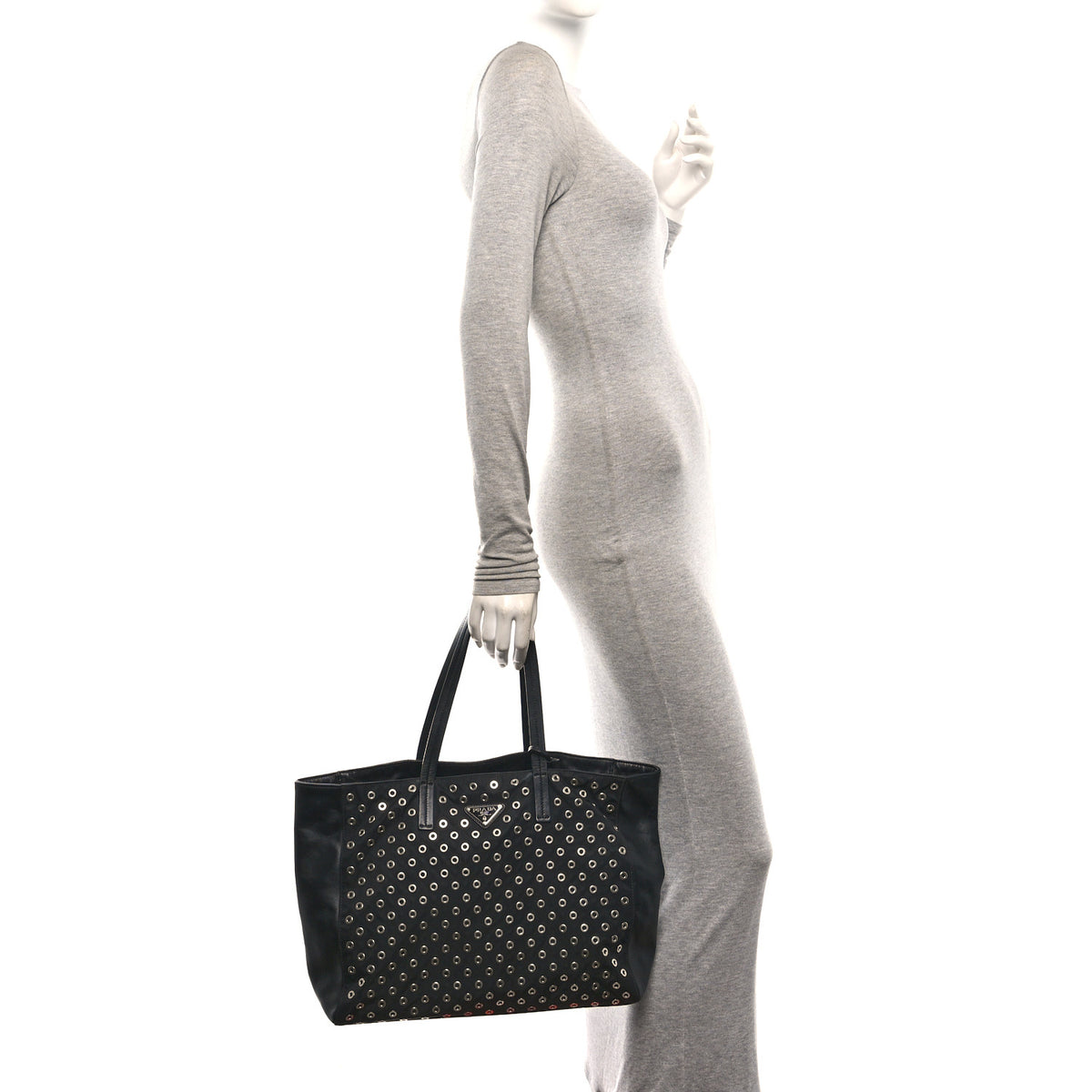 Tessuto Nylon Calfskin Grommet Tote Black