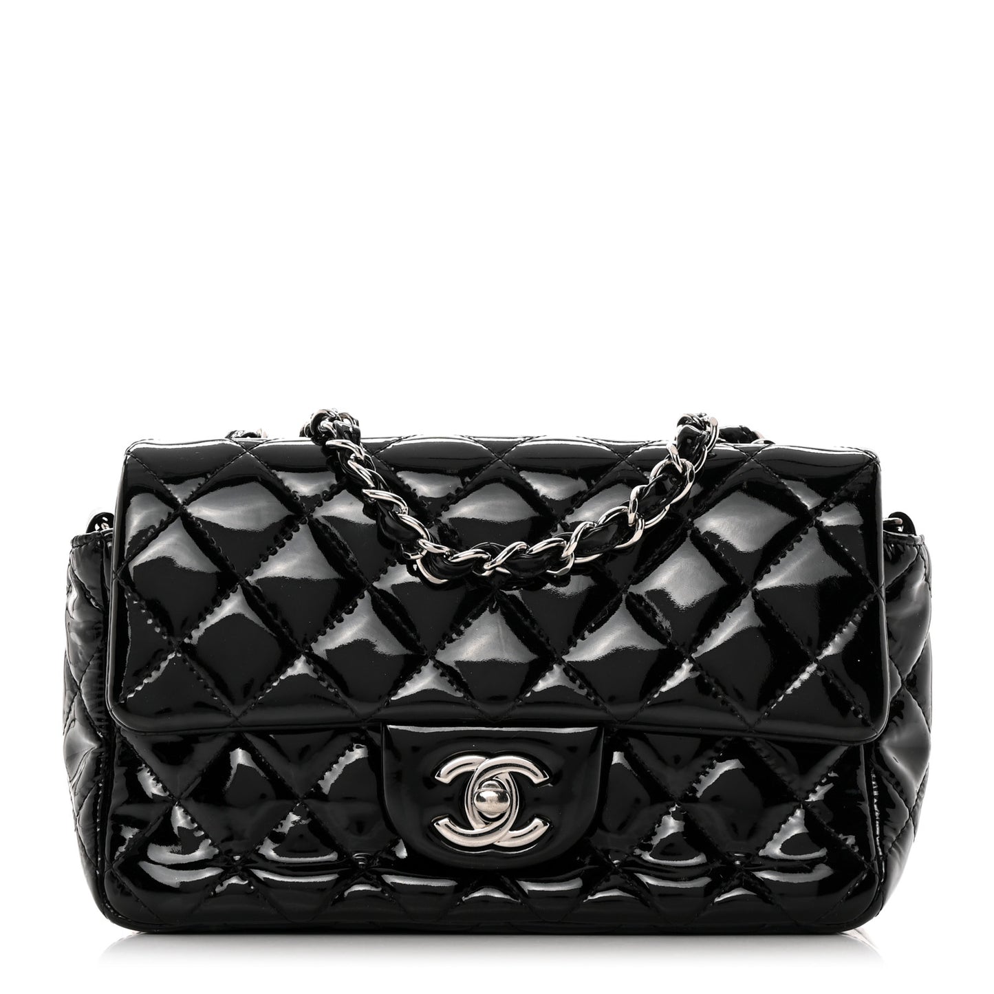 Patent Calfskin Quilted Mini Rectangular Flap Black
