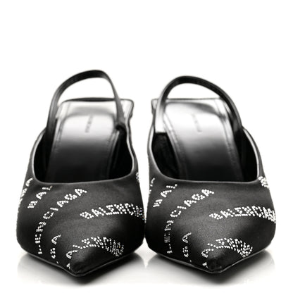 Balenciaga Satin Strass Allover Logo Square Knife 110mm Slingback Pumps 38 Black 3 of 11