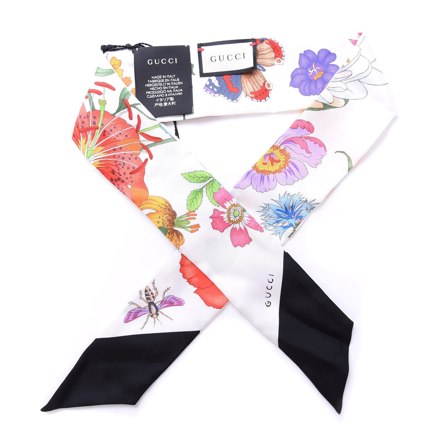 Gucci Silk Twill Floriso Neck Bow Scarf Black White 1 of 4