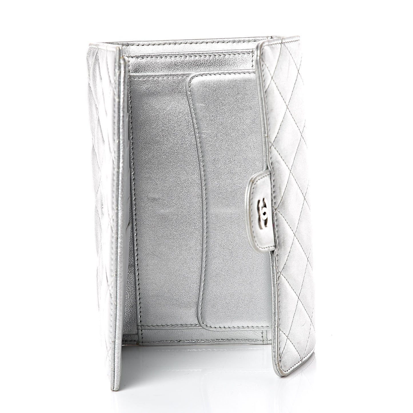 Metallic Lambskin Quilted Long Flap Wallet Silver