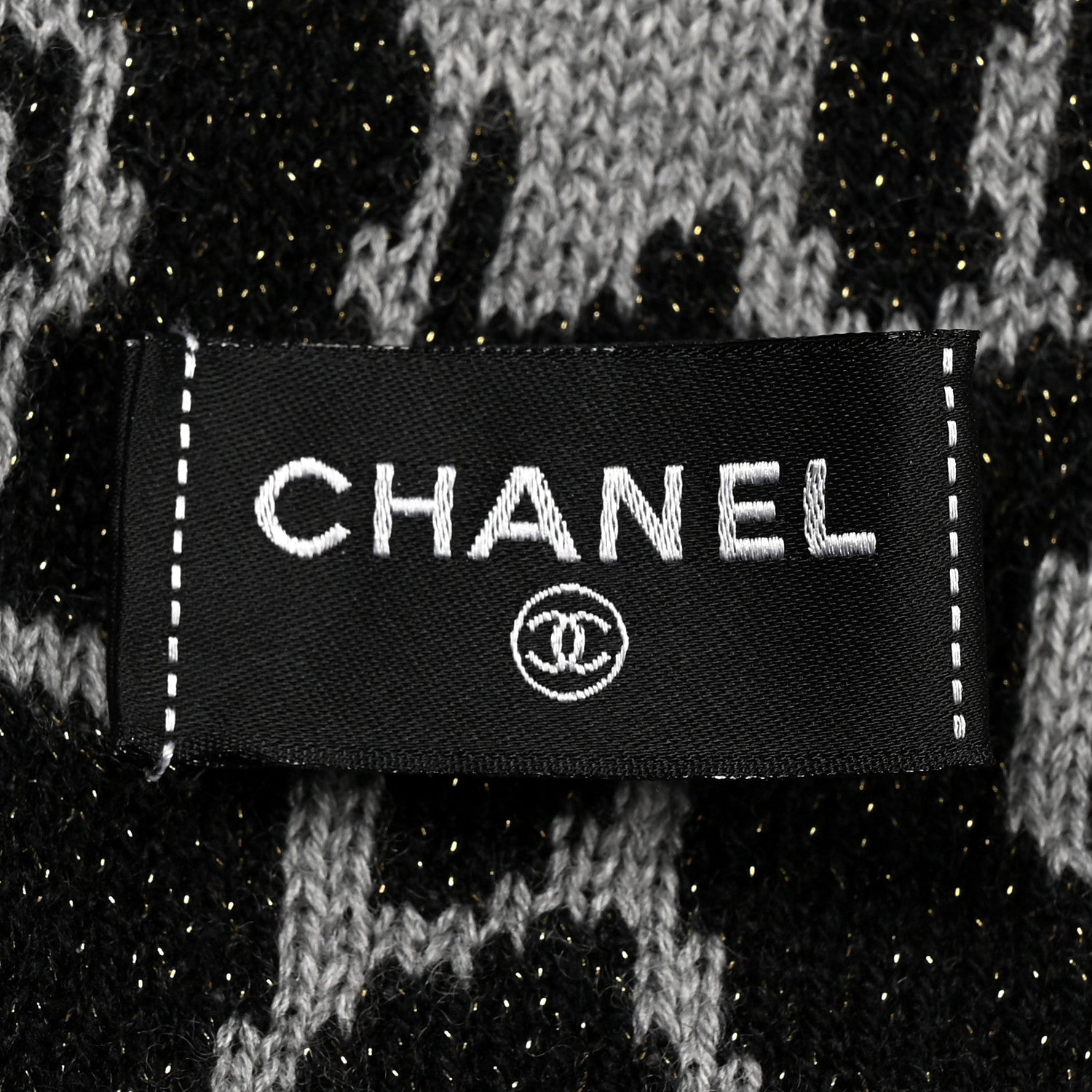 Chanel Wool Cashmere Viscose Metallic Fiber Camellia Scarf Black Grey 3 of 4