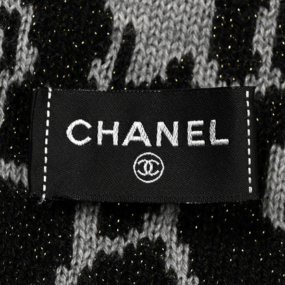 Chanel Wool Cashmere Viscose Metallic Fiber Camellia Scarf Black Grey 3 of 4
