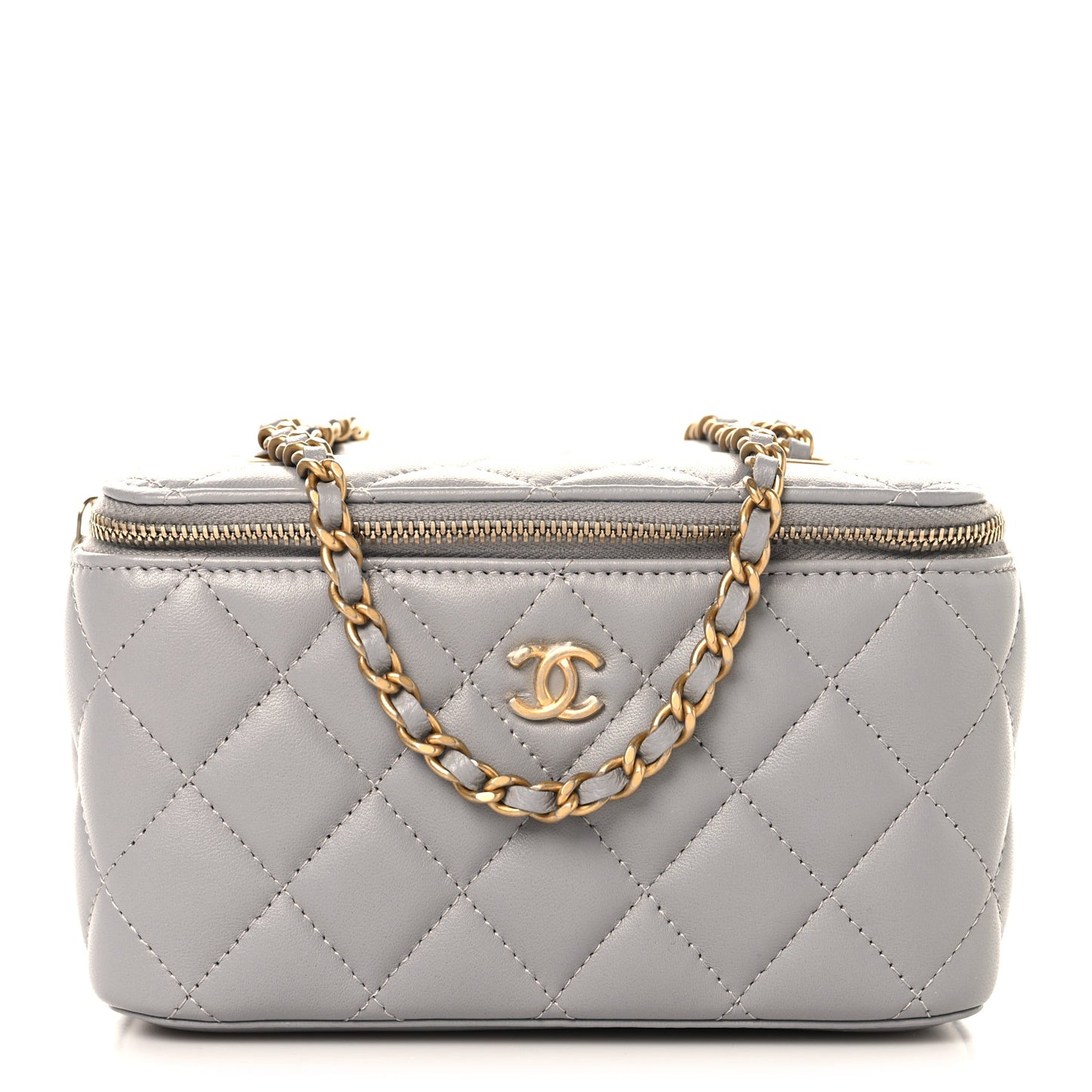 Lambskin Quilted Small Pearl Crush Vanity Case With Chain Grey