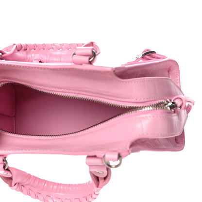 Balenciaga Semi Shiny Calfskin Crocodile Embossed Neo Classic Silver Hardware Mini City Pink 5 of 9