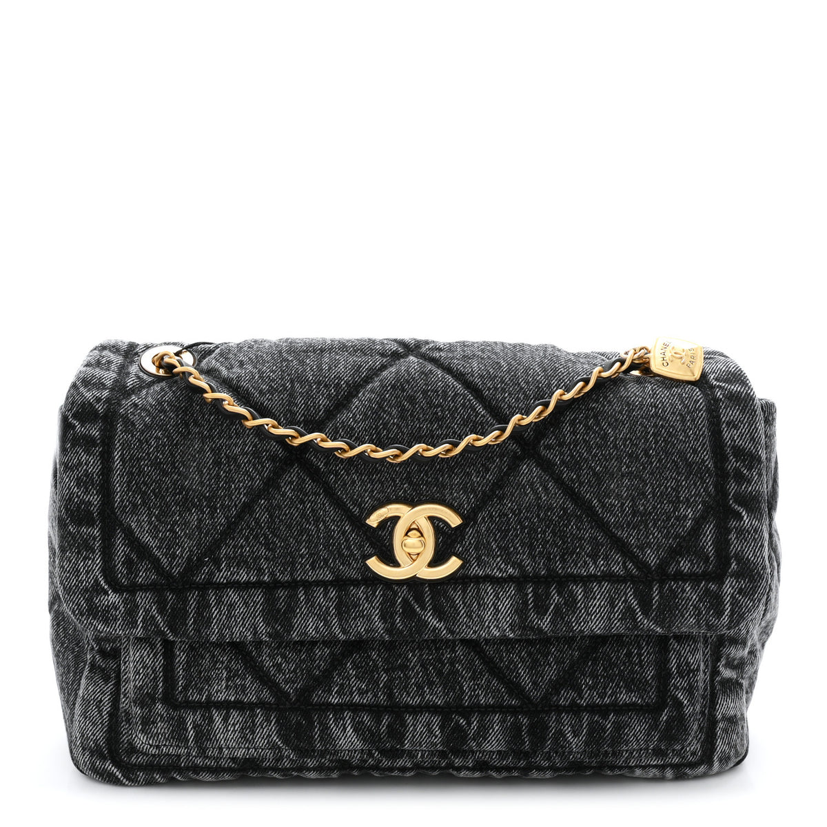 Washed Denim Quilted Large Flap Bag Black