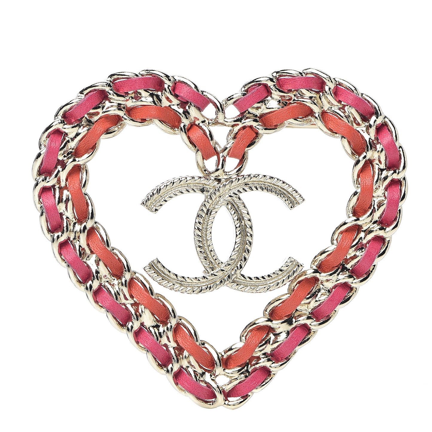 Metal Calfskin Braided Heart CC Brooch Pink Red Gold