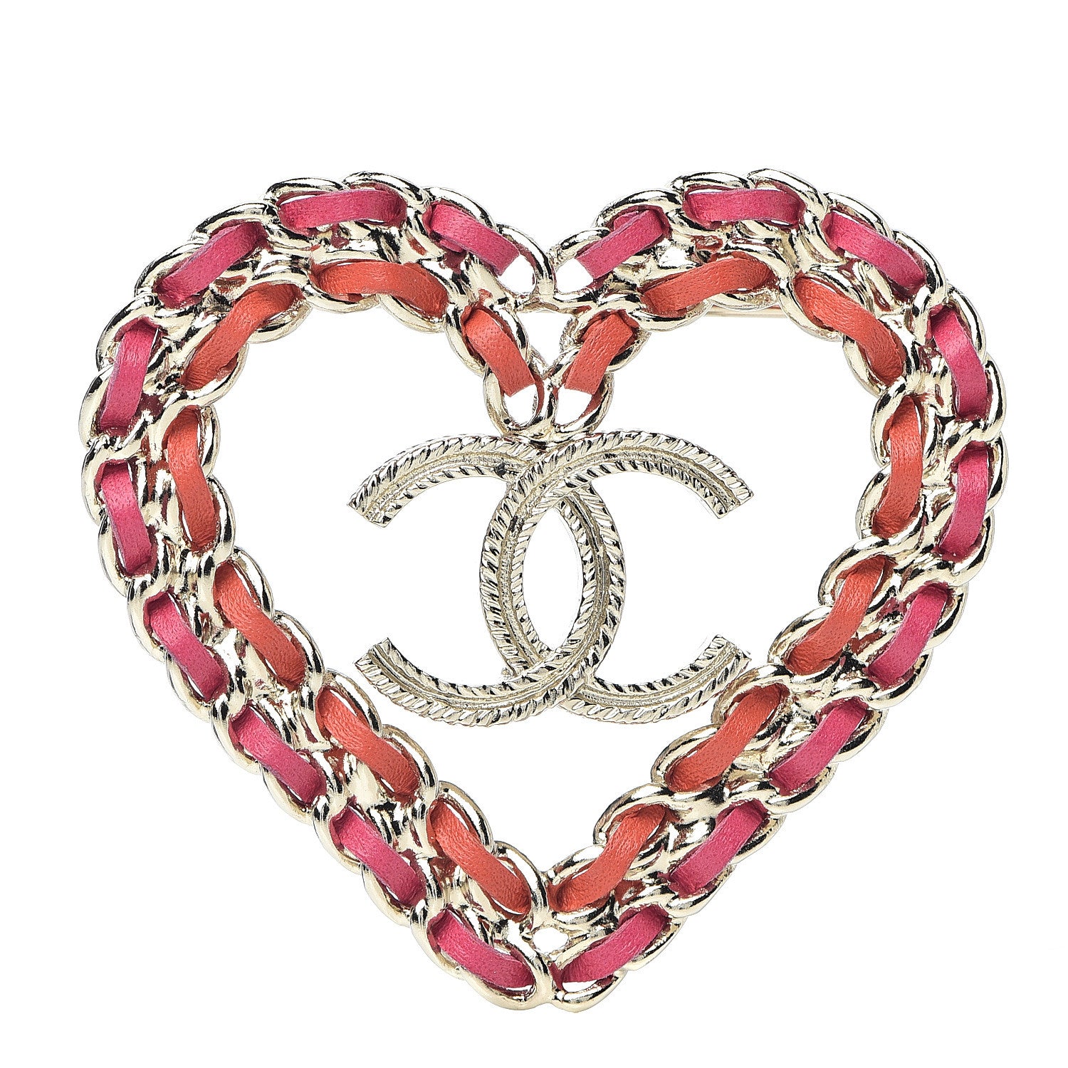 Chanel Metal Calfskin Braided Heart CC Brooch Pink Red Gold 1 of 3
