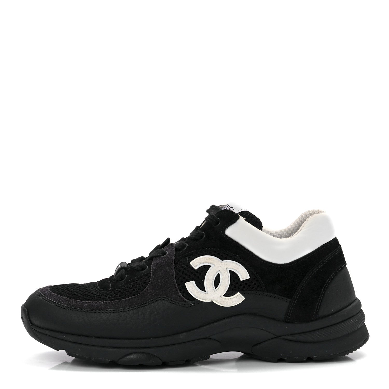 Chanel Mesh Suede Grained Calfskin Womens CC Sneakers 36.5 Black White 1 of 9
